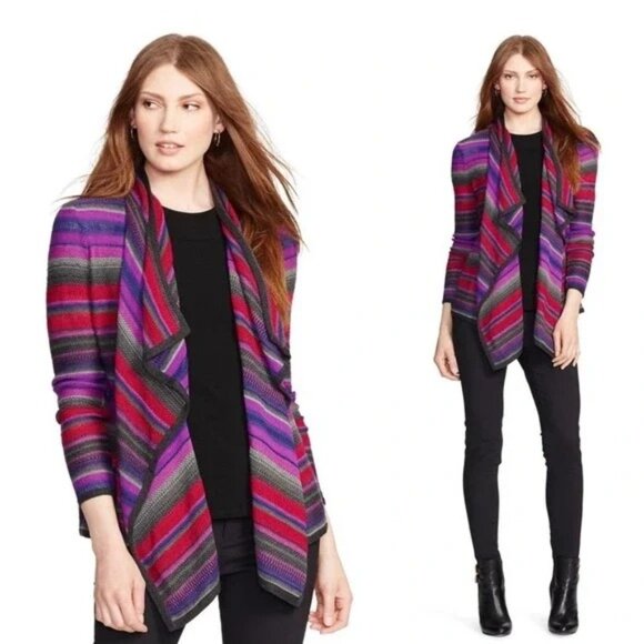 Vintage Lauren Ralph Lauren LRL Linen Blend Striped Open Front Cardigan S - Picture 1 of 7